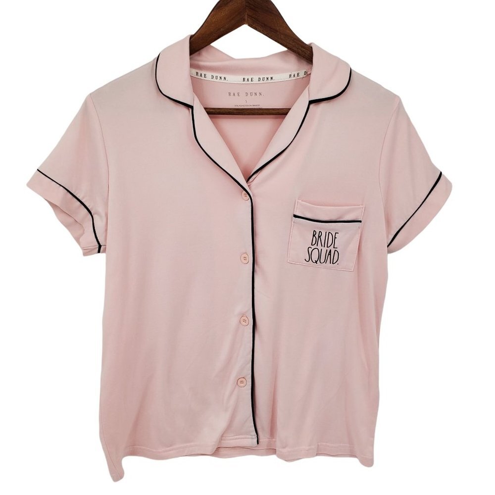 Rae Dunn Bride Squad Pink‎ Short Sleeve Button Up Knit Pajama Lounge Top Sz S